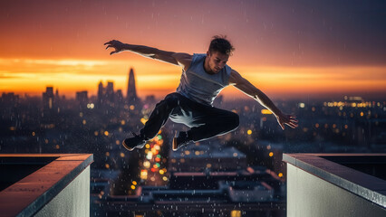 Extreme parkour athlete jumping between rooftops over city skyline at sunset.