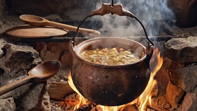 Soup simmers in a terracotta pot over an open fire
