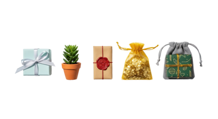 A row of wrapped gifts, a potted plant, and a small bag with a gold star pattern, png transparent