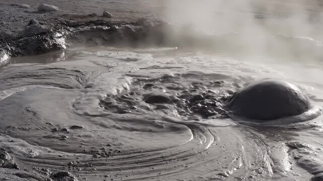 Bubbling mud pots churn in a muted volcanic field