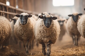 Obraz premium Sheep Walking Through Barn in Natural Lighting on a Farm