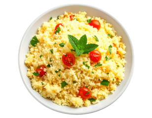 Overhead view of couscous salad with tomatoes and mint in a white bowl
