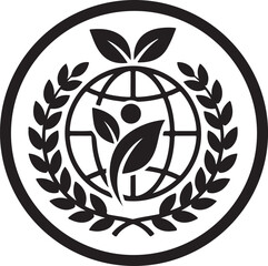 A circular emblem featuring the earth encompassed by leaves and a laurel wreath