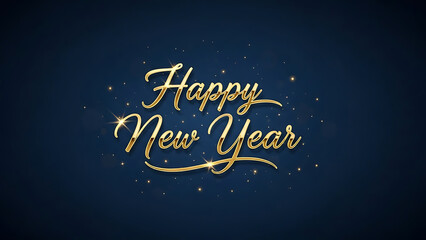 Golden happy new year text on dark blue background with sparkles