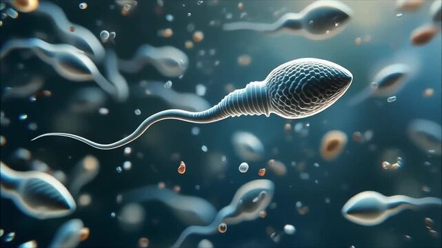 Clinical microscope aesthetic showing one sperm cell advancing, acrosome sharply detailed, tail flicking rhythmically against drifting micro-particles