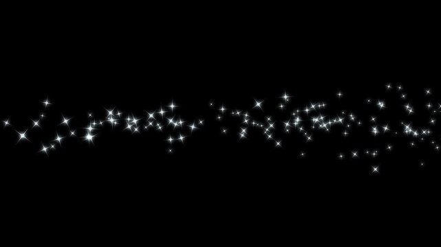 Sparkling twinkle star animation with white cartoon stars, glowing glitter dust trail, fairy magic shimmer particles, flat vector doodle sparkle effect, seamless looping overlay on black screen. 4k