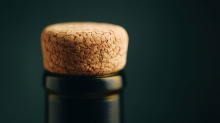 A close-up of a cork on a dark bottle, highlighting the texture and details of the cork's surface against a muted background.
