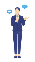 イベントの司会や講演会でスピーチする女性。マイクを持って話す講師のベクターイラスト素材。