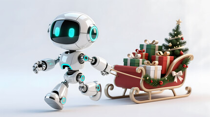 A cute AI robot acting as a digital Santa, pulling a sleigh full of gifts and a decorated Christmas tree.