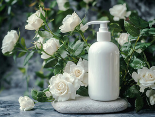 Elegant white cosmetic bottle with roses and natural background
