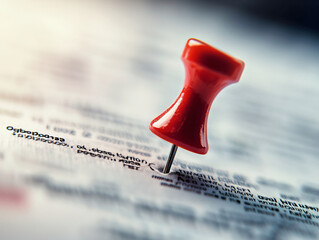 Red Pushpin on Document Surface with Blurred Background Focus