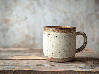 Rustic Ceramic Mug on Wooden Table Against Textured Background