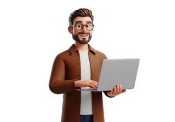 3d cartoon man holding laptop isolated on transparent background