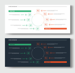2 points step comparison opposite infographic with big circle center with content stacked list circular cycle opposite with dark and light version set with outline style flat
