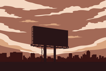 Striking blank billboard silhouette against a dramatic sepia cityscape and cloudy twilight sky for impactful advertising mockups