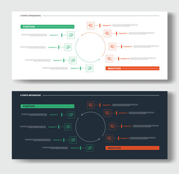 2 points step comparison opposite infographic with big circle center with content stacked list circular cycle opposite with dark and light version set with outline style flat