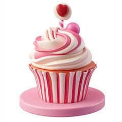 Delicious pink and white cupcake with heart decoration, perfect for Valentine's Day celebrations or sweet treats promotions, a delightful confection