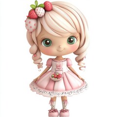 Charming strawberry doll with big green eyes and a pink dress, perfect for children's books, whimsical designs, and sweet story telling projects