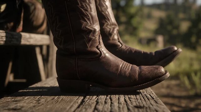Brown Leather Cowboy Boots Resting on Rustic Wood Outdoors