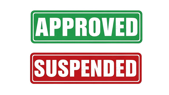 Green approved and red suspended stamp labels on white background