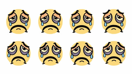 Sad crying faces emoji set with tearful eyes.