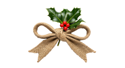 A Christmas bow with holly leaves and berries on a png transparent