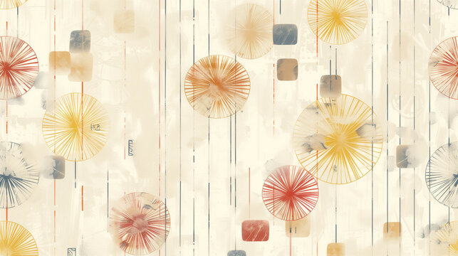 Soft abstract watercolor pattern with dandelion flowers and geometric squares on cream background