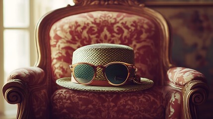 Stylish straw fedora hat and vintage sunglasses rest upon an ornate antique armchair in a luxurious room setting
