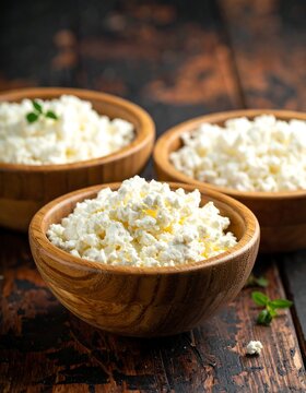 Delicious Creamy Cottage Cheese Served in Wooden Bowls on a Dark Table
