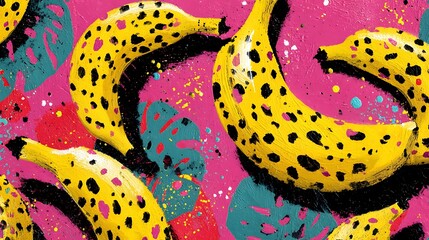Pop art pattern of vibrant yellow and sky blue bananas with black leopard spots on a hot pink background Pop Art Prints, Retro Fruit Patterns, Bold Fashion Graphics