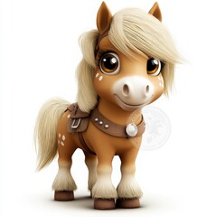 Adorable stylized cartoon pony character with saddle, perfect for children's book illustrations, animation, or toy designs. Appealing, cute, and charming design