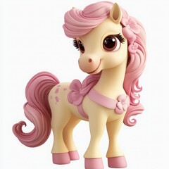 Adorable cartoon pony with pastel pink mane and tail, perfect for children's books or whimsical designs, creating a magical and joyful feeling for any project