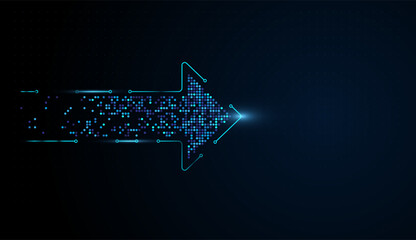 A luminous arrow shape emerges from scattered pixels, illustrating innovation consolidating into clear direction. Abstract arrow direction technology background