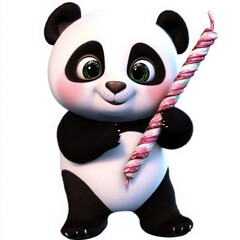 Adorable panda bear holding a colorful candy cane isolated on white background, perfect for children's books, holiday greetings, and sweet treats promotions
