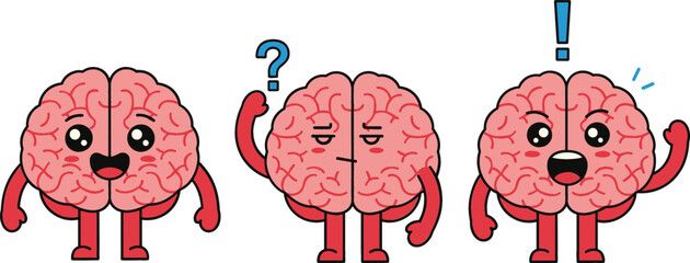 Cute human brain characters set with different emotions including happy thinking and having an idea with question mark and exclamation point flat vector illustration for education.