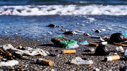 Waves wash up cigarette butts and trash on a polluted beach shoreline environment. - Powered by Adobe