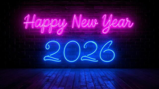 2026 neon glow new year light electric bright fluorescent tube illumination shine vibrant colorful dark night celebrating festive atmosphere happy celebration illuminated script over reflective floor