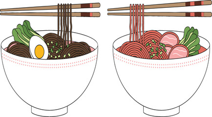  Two bowls of delicious Japanese ramen noodles with chopsticks egg bok choy and meat slices traditional Asian cuisine food isolated on white background flat vector illustration.