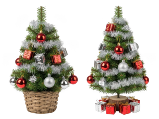 Christmas trees with ornaments isolated on transparent background