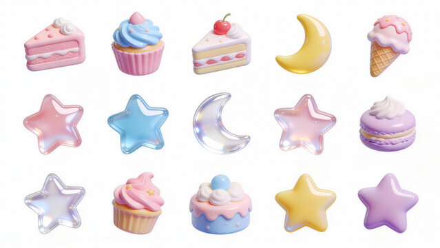 Adorable 3D Rendered Jelly Stickers with Pastel Desserts and Glossy Celestial Shapes Collection