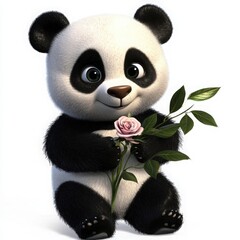 Adorable panda holding a delicate pink rose expressing love and friendship - perfect for Valentine's Day greetings, children's books, and heartfelt messages