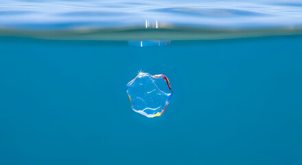 Naklejka premium Vibrant iridescent bubble floating underwater with ocean surface