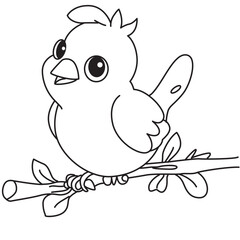 Cute bird on branch line art with big eyes perfect for stickers, invitations, and kid-friendly illustrations.