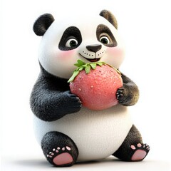 Adorable panda bear holding a giant strawberry with a happy smile, perfect for children's books, cheerful designs, and sweet summer promotions