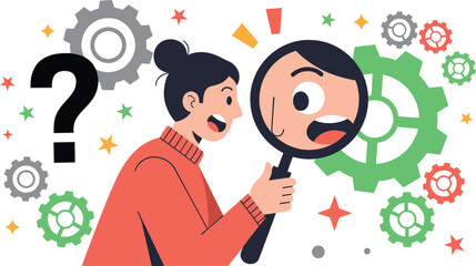 vector illustration of a curious woman holding a magnifying glass investigating gears and cogs for problem solving, research, technical analysis, and business optimization concept