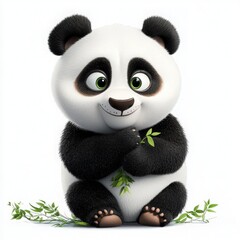 Adorable panda cartoon character holding bamboo shoots on a white background, perfect for children's illustrations, cute animal designs, and fun creative projects