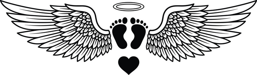 Obraz premium Black and white angel wings with baby footprints, halo, and heart symbol representing innocence, memorial remembrance, love, protection, and spirituality
