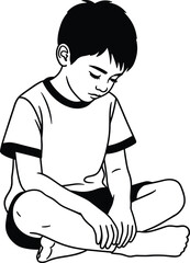 Black and white illustration of a young boy sitting cross-legged on the floor looking down in a calm thoughtful emotional pose