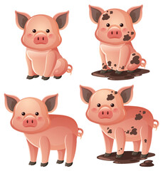 Cute Cartoon Piglets Playing and Sitting in Mud