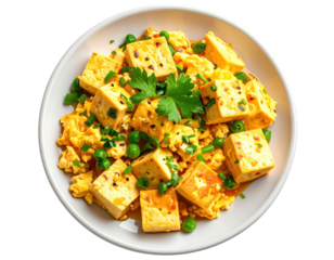 Delicious tofu scramble with peas and herbs, isolated on white plate
